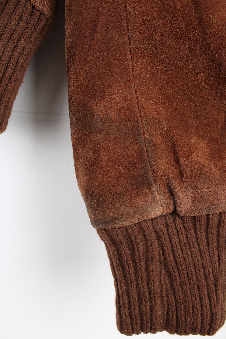 Vintage 1970's brown suede bomber jacket by Chalenger features full zip and multiple pockets 