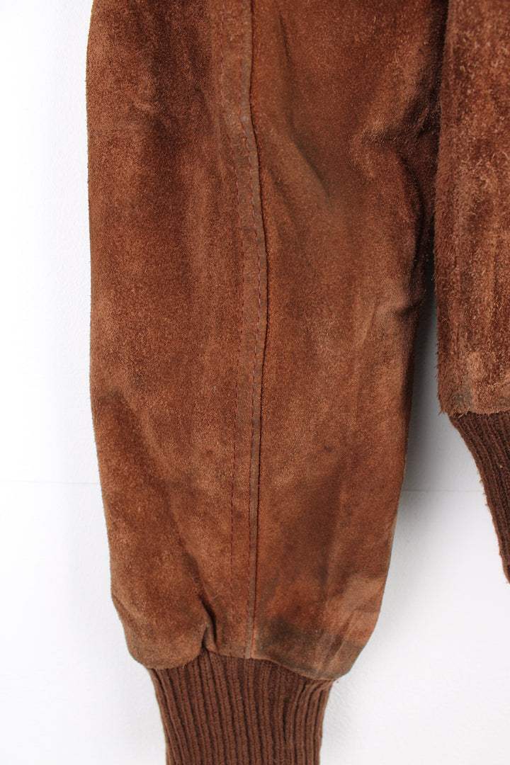 Vintage 1970's brown suede bomber jacket by Chalenger features full zip and multiple pockets 