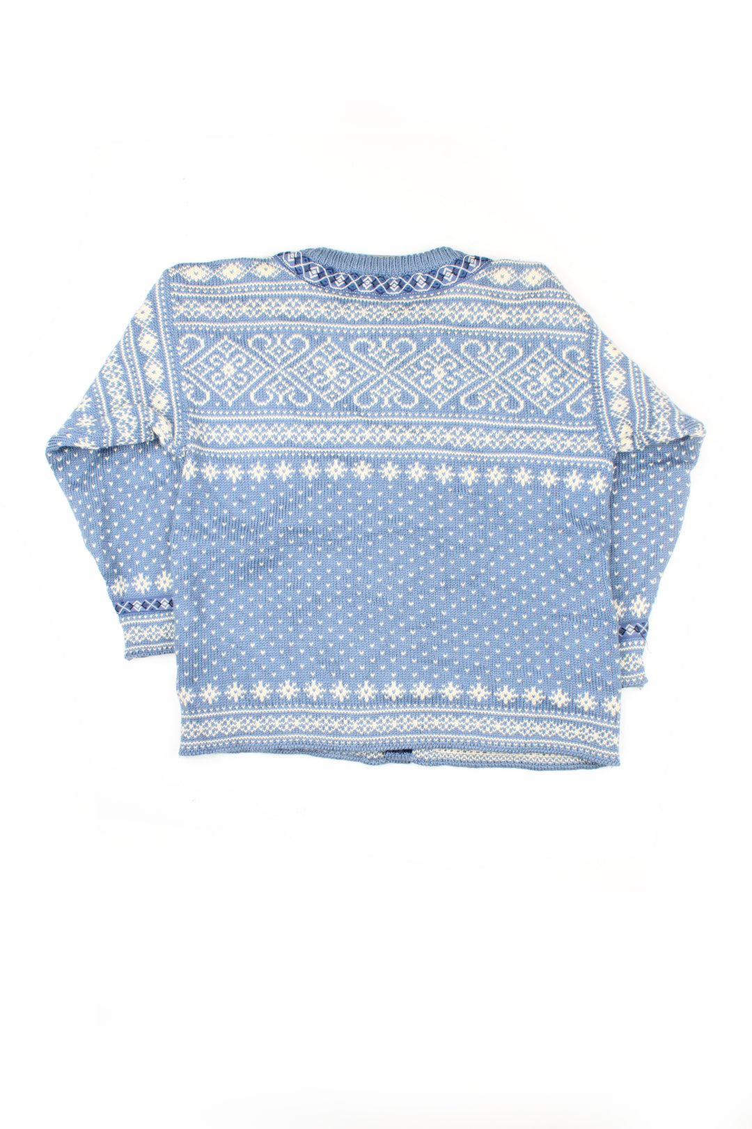 Vintage 80's Dale of Norway knit cardigan in blue and white. Closes with silver snowflake buttons.  good condition  Size in Label:  S - Measures more like a M for a more fitted look.