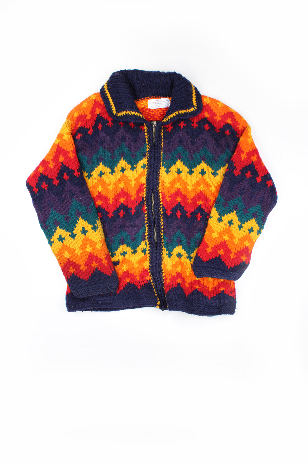 Vintage chunky knit cardigan with rainbow design. Made in Ecuador, 100% wool and closes with a zip. good condition Size in Label: No Size - Measures like a size S