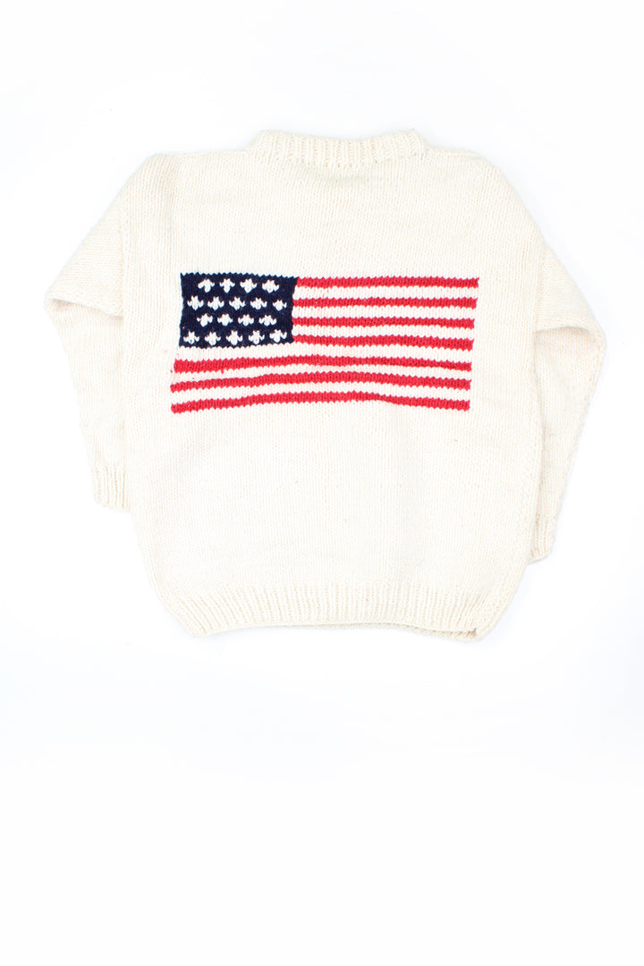 Vintage chunky knit cream jumper with American flag design on the chest and arms. Handmade and 100% wool.  good condition  Size in Label:  No Size - Measures like a size L