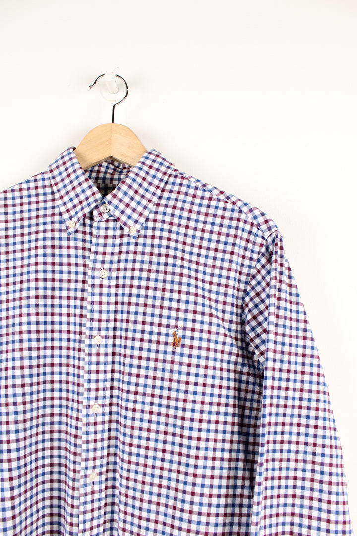 Vintage Ralph Lauren button up shirt, white, red and blue colourway, has the logo embroidered on the chest. 