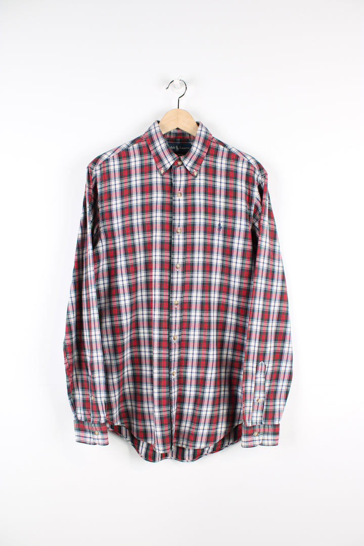 Vintage Ralph Lauren button up shirt, red, green, blue and white colourway, has the logo embroidered on the chest. 