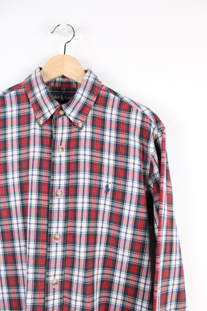 Vintage Ralph Lauren button up shirt, red, green, blue and white colourway, has the logo embroidered on the chest. 