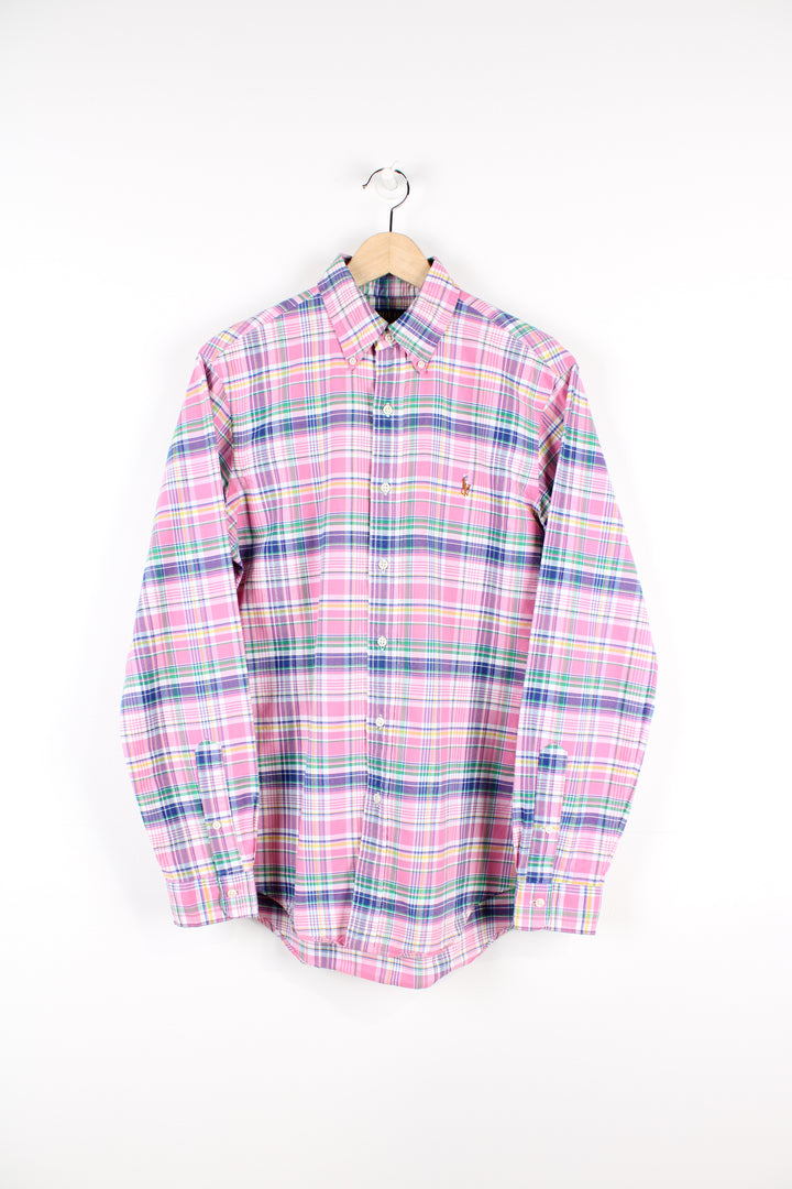 Vintage Ralph Lauren button up shirt, pink, blue, green and white colourway, has the logo embroidered on the chest. 