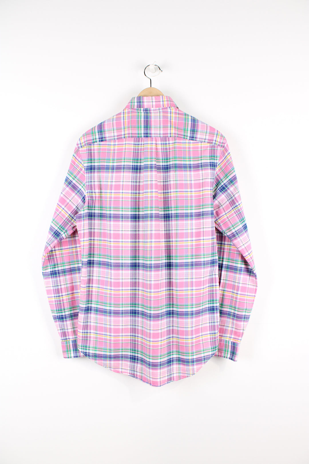 Vintage Ralph Lauren button up shirt, pink, blue, green and white colourway, has the logo embroidered on the chest. 