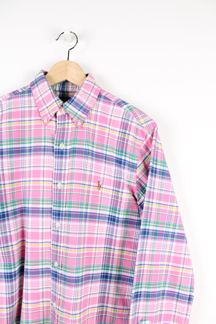 Vintage Ralph Lauren button up shirt, pink, blue, green and white colourway, has the logo embroidered on the chest. 