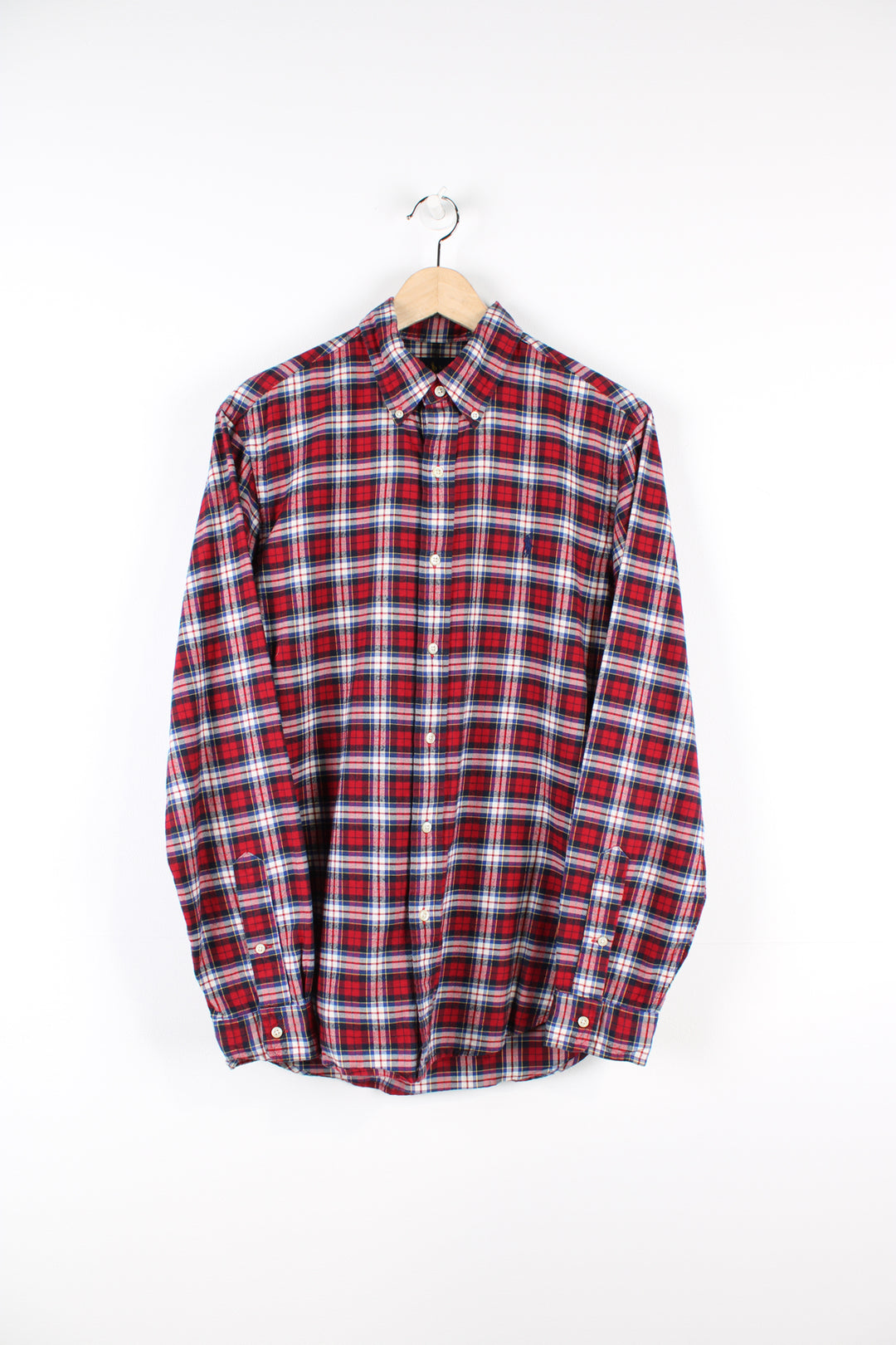 Vintage Ralph Lauren button up shirt, red, blue and white colourway, has the logo embroidered on the chest. 