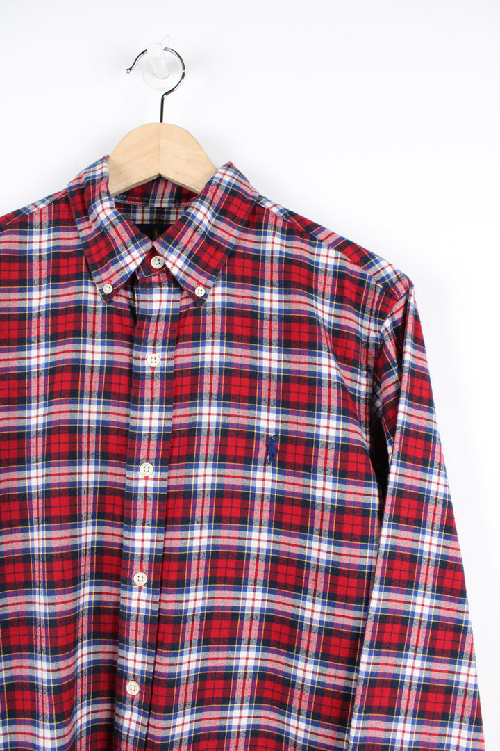 Vintage Ralph Lauren button up shirt, red, blue and white colourway, has the logo embroidered on the chest. 