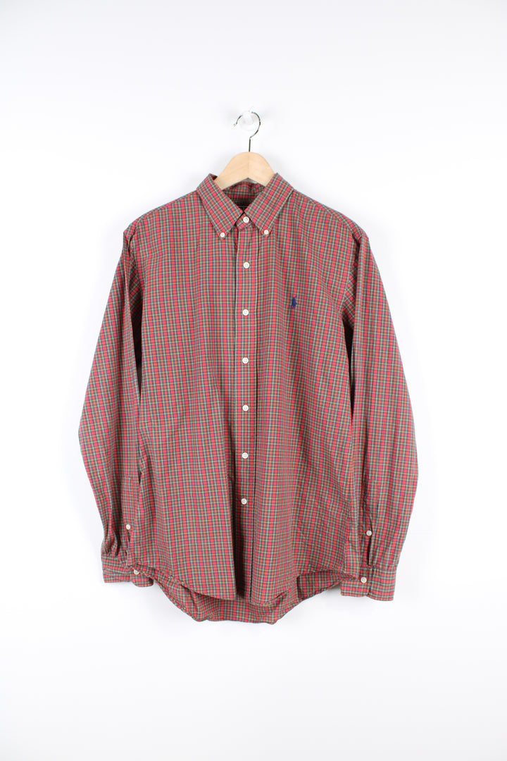 Vintage Ralph Lauren button up shirt, red, green and yellow colourway, has the logo embroidered on the chest. 