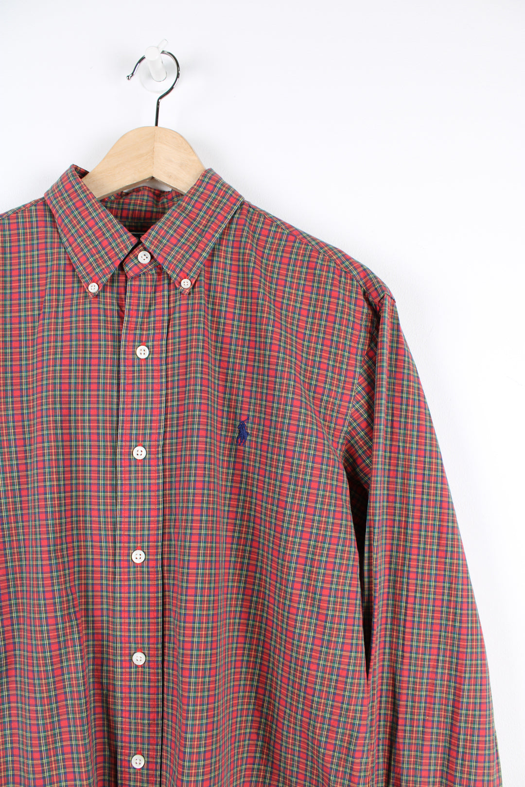 Vintage Ralph Lauren button up shirt, red, green and yellow colourway, has the logo embroidered on the chest. 