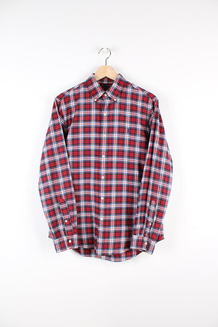 Vintage Ralph Lauren button up shirt, red, blue and white colourway, has the logo embroidered on the chest. 