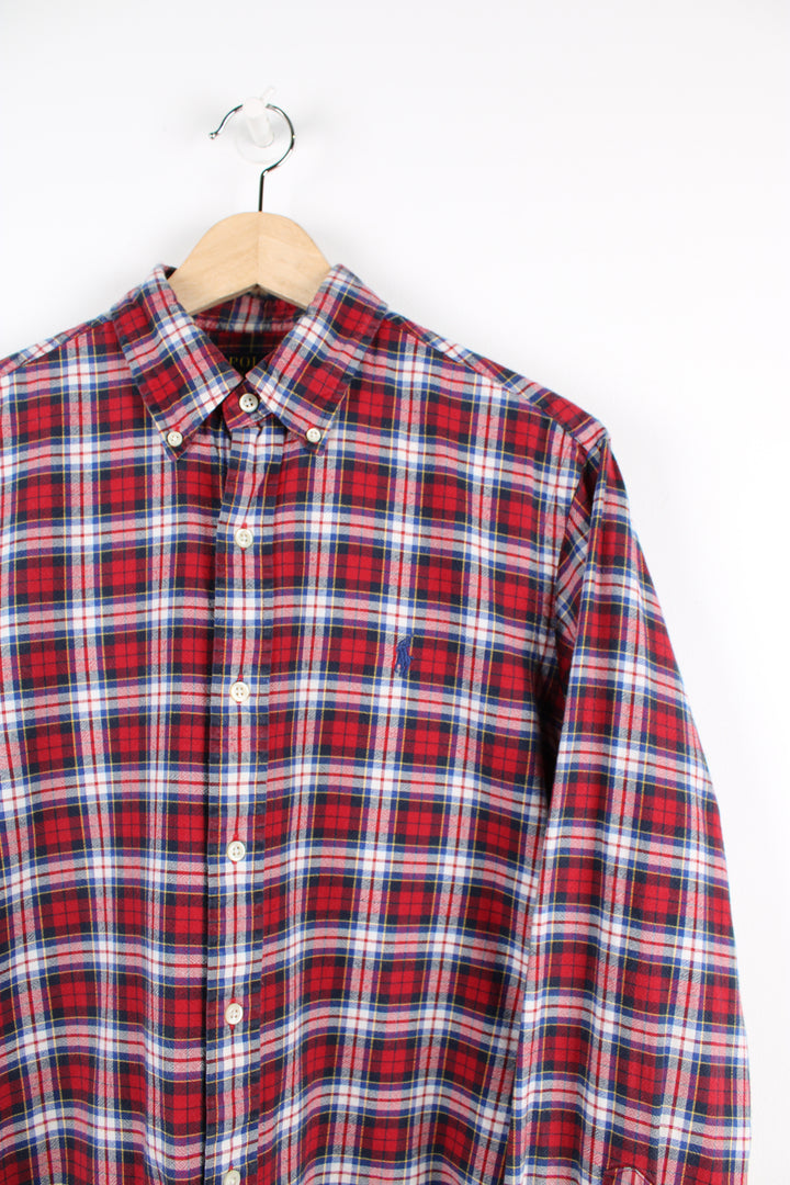 Vintage Ralph Lauren button up shirt, red, blue and white colourway, has the logo embroidered on the chest. 