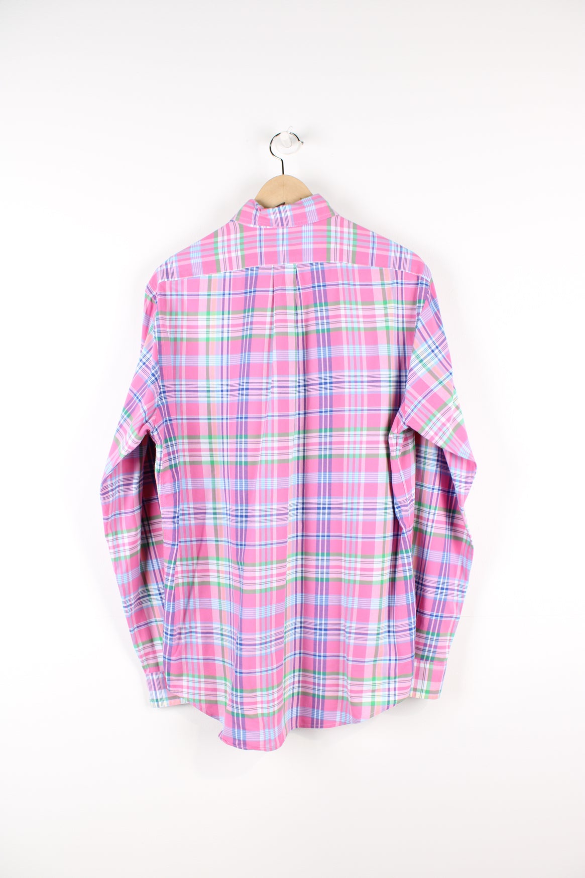 Vintage Ralph Lauren button up shirt, pink, blue and yellow colourway, has the logo embroidered on the chest. 