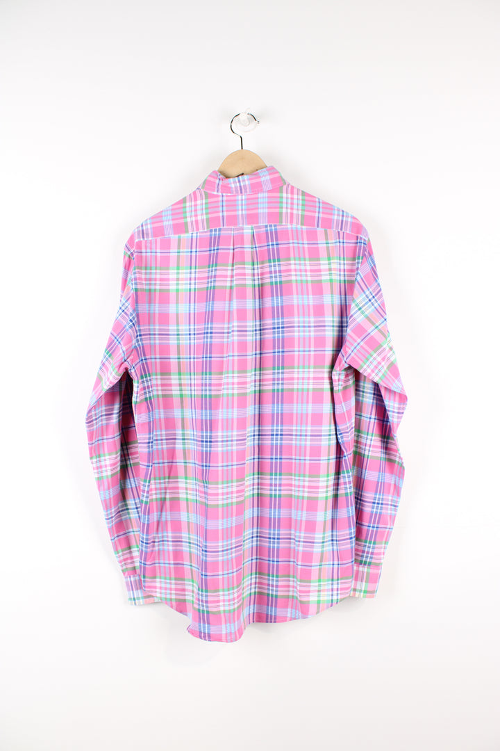 Vintage Ralph Lauren button up shirt, pink, blue and yellow colourway, has the logo embroidered on the chest. 