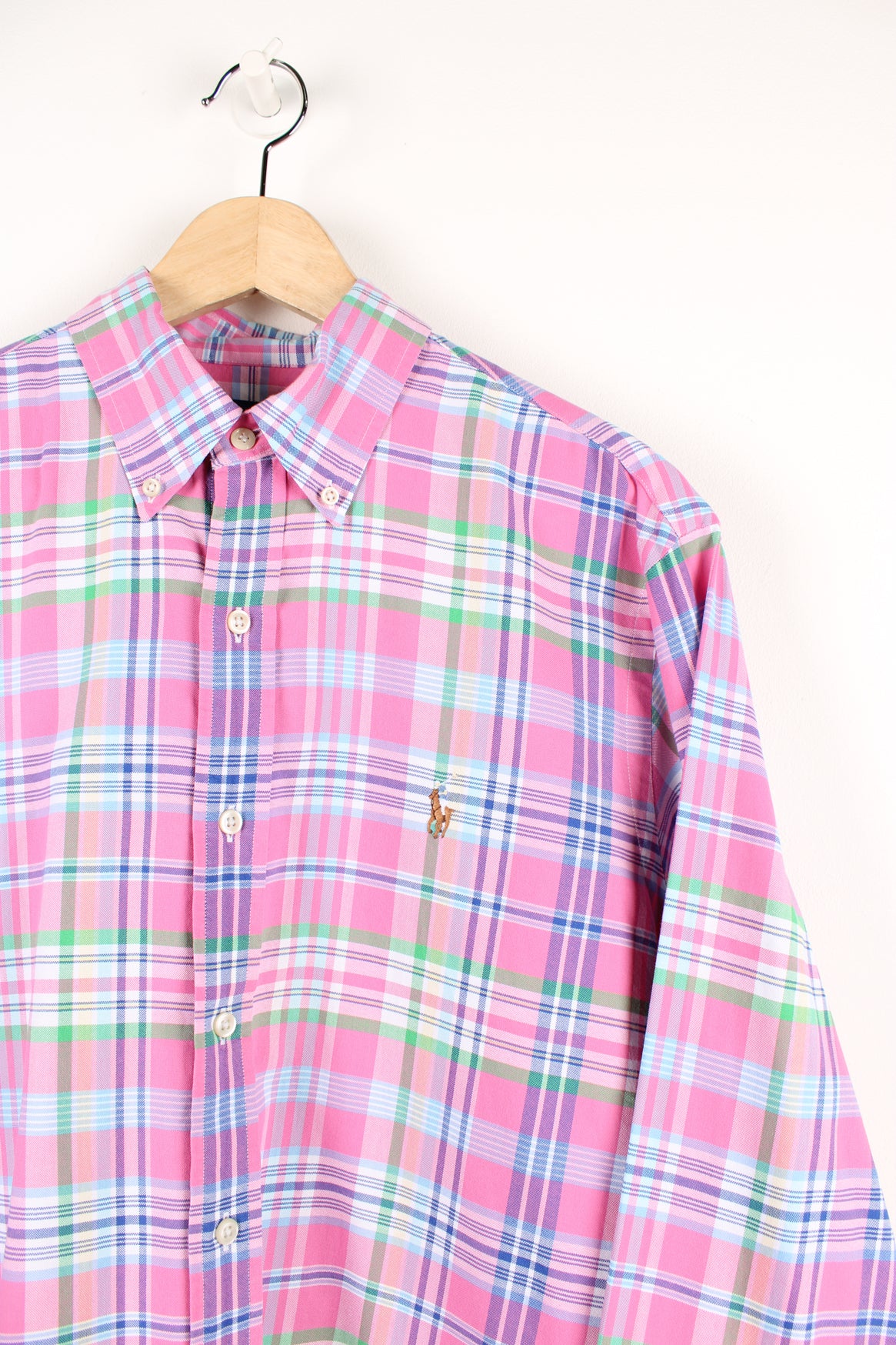 Vintage Ralph Lauren button up shirt, pink, blue and yellow colourway, has the logo embroidered on the chest. 