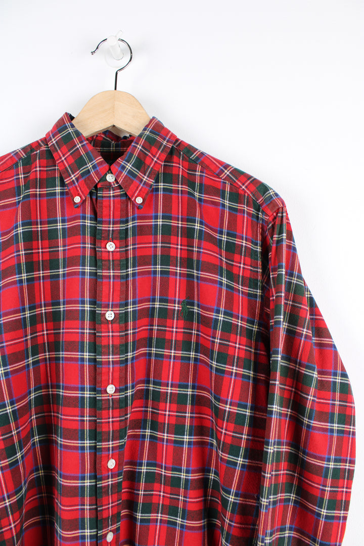 Vintage Ralph Lauren button up shirt, red, green and white colourway, has the logo embroidered on the chest. 