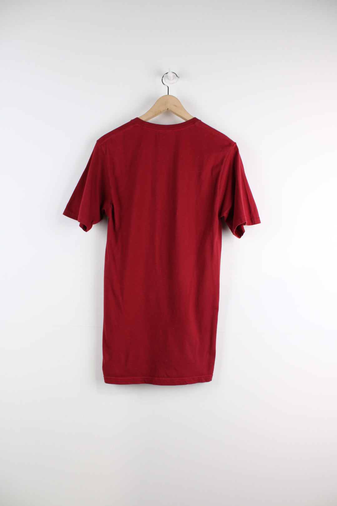 Stussy Graphic T-Shirt in a red, blue and brown colourway, has the logo printed in the centre underneath mountain graphic design.