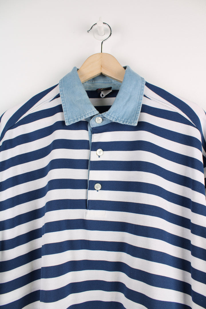 Paul & Shark Polo Shirt in a blue and white striped colourway with a denim collar and 1/4 button up.