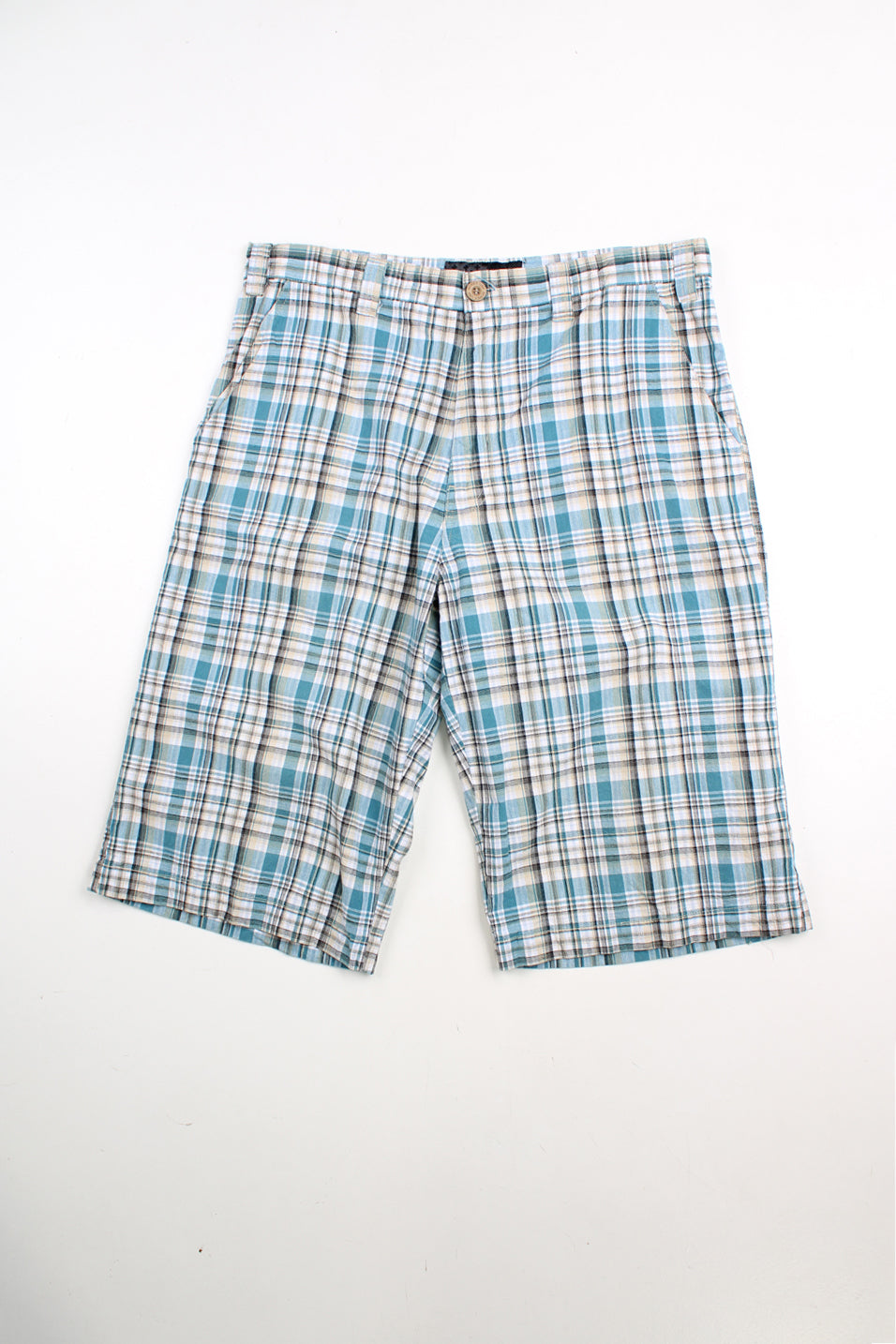 Blue checked Avirex knee length shorts.