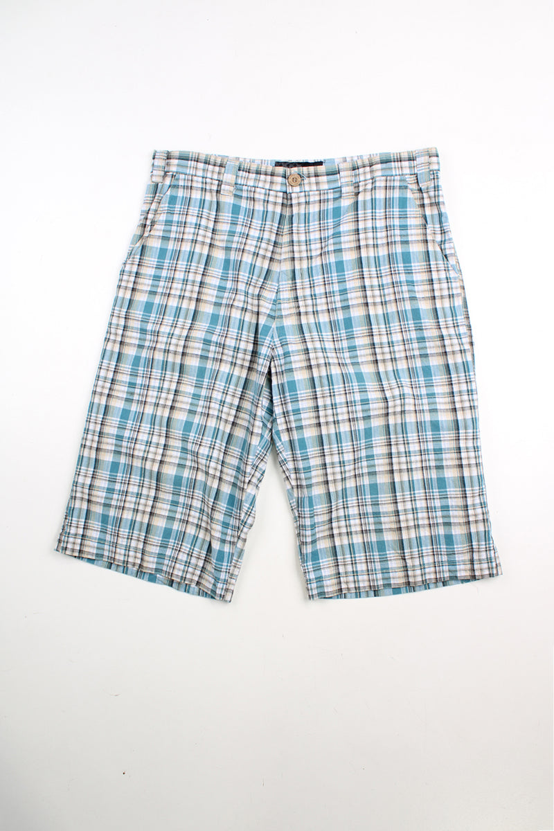 Blue checked Avirex knee length shorts.