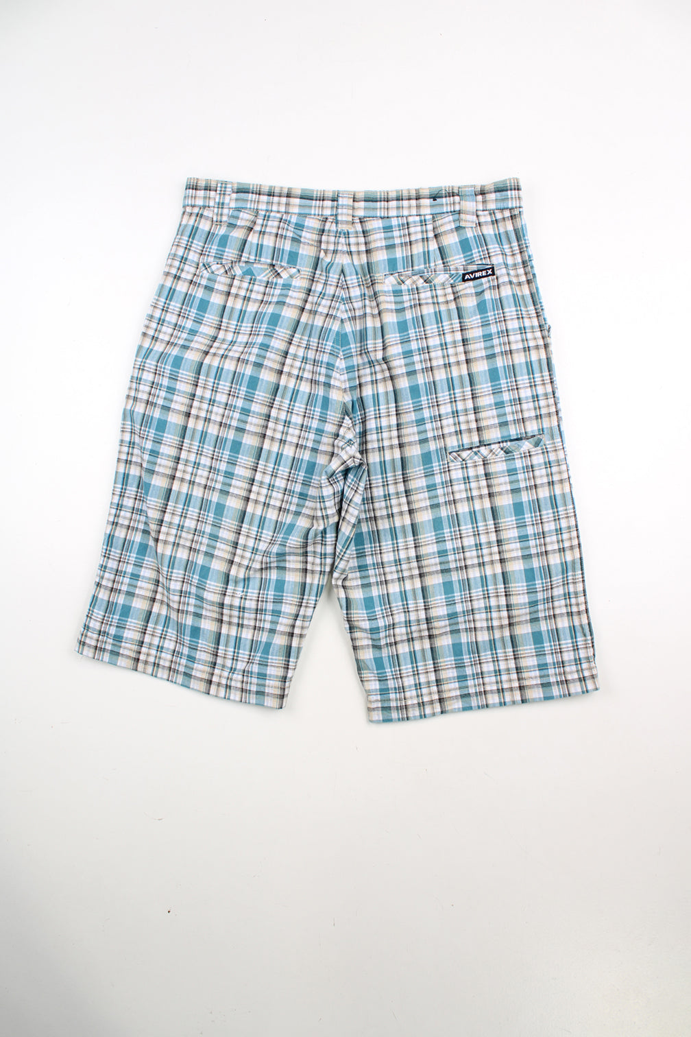 Blue checked Avirex knee length shorts.