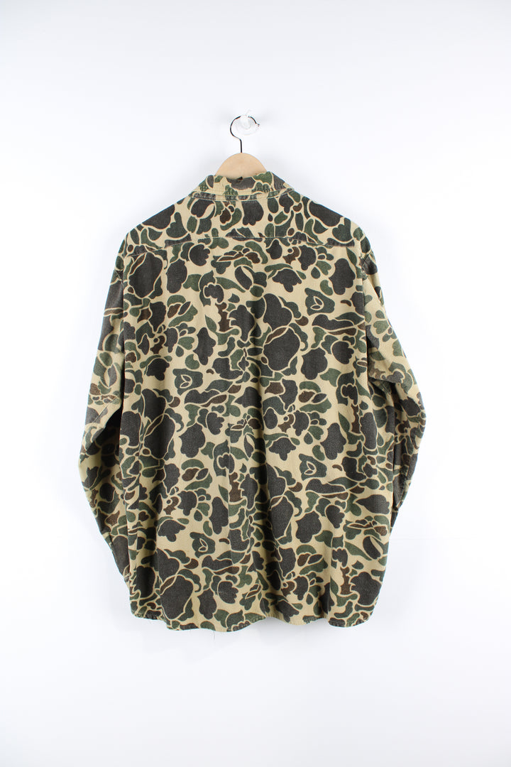 Vintage Camo shirt, green, brown and black colourway, button up with double chest pockets.