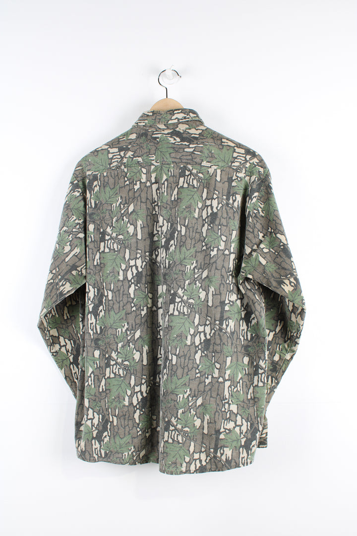 Vintage Camo shirt, brown tan, green and black colourway, button up with double chest pockets.