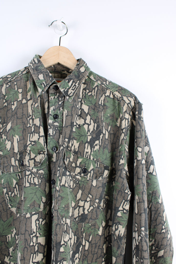 Vintage Camo shirt, brown tan, green and black colourway, button up with double chest pockets.