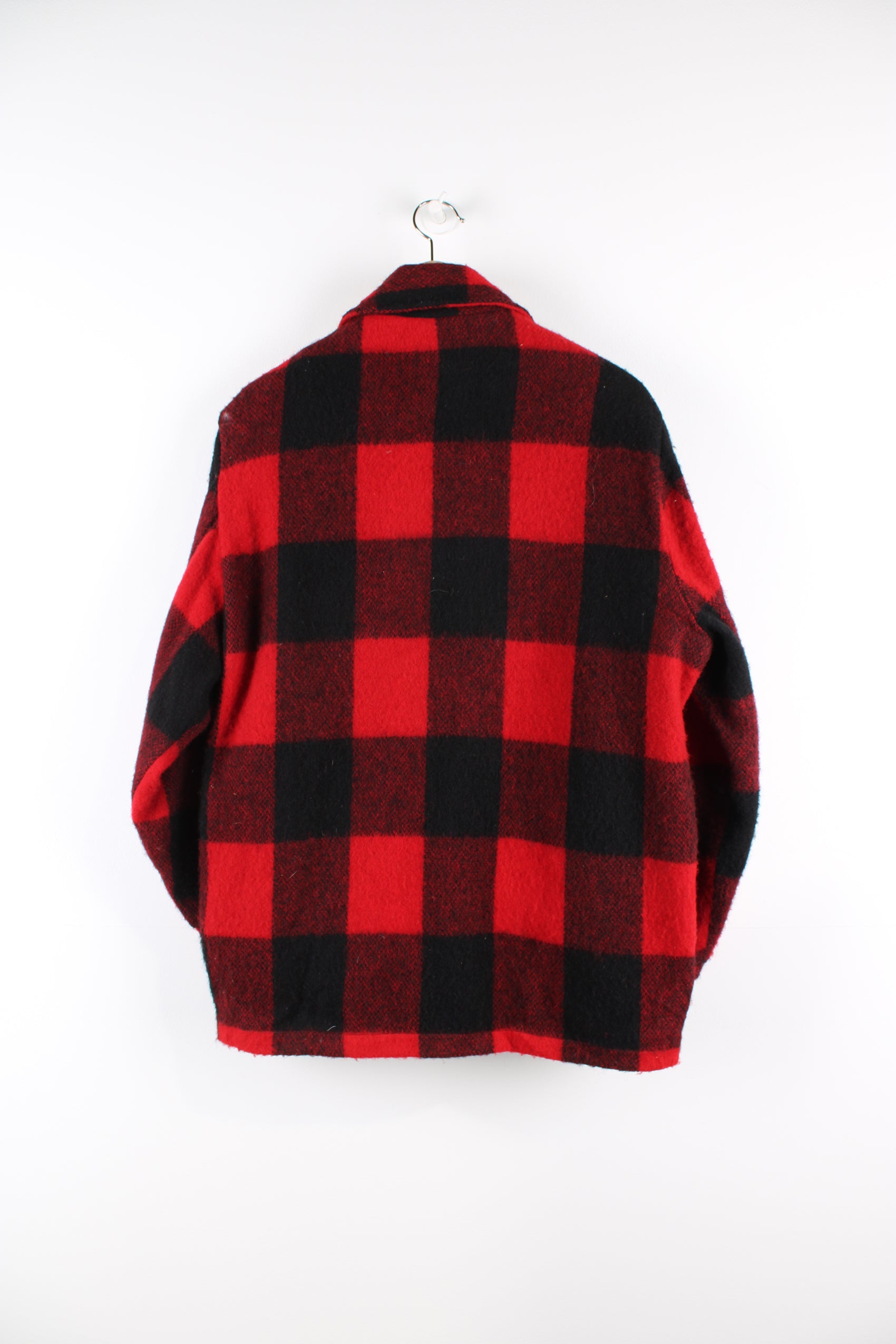 Vintage Woolrich red & black plaid wool CPO jacket, zip up with side pockets and fleece lining.