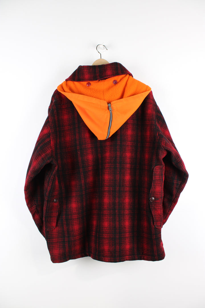 Vintage 90's Woolrich red & black plaid wool button up CPO jacket with multiple pockets and orange detachable hood.