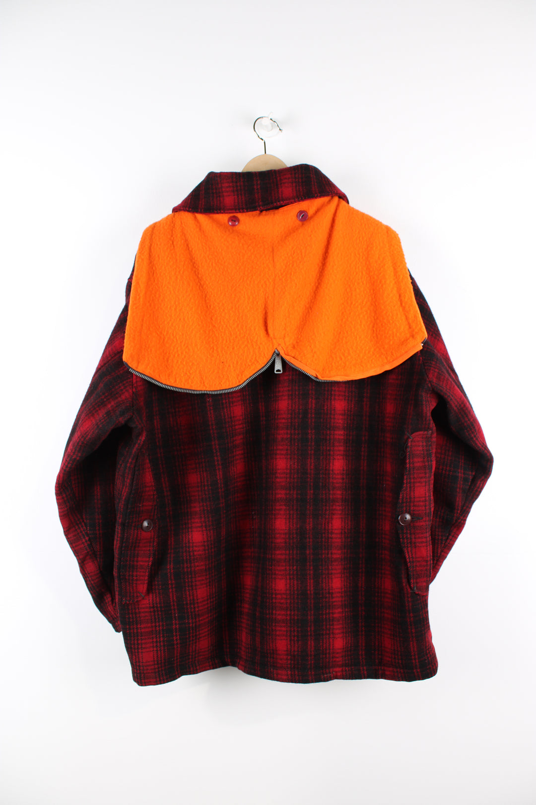 Vintage 90's Woolrich red & black plaid wool button up CPO jacket with multiple pockets and orange detachable hood.