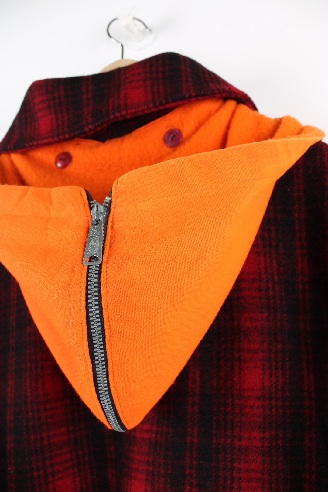 Vintage 90's Woolrich red & black plaid wool button up CPO jacket with multiple pockets and orange detachable hood.