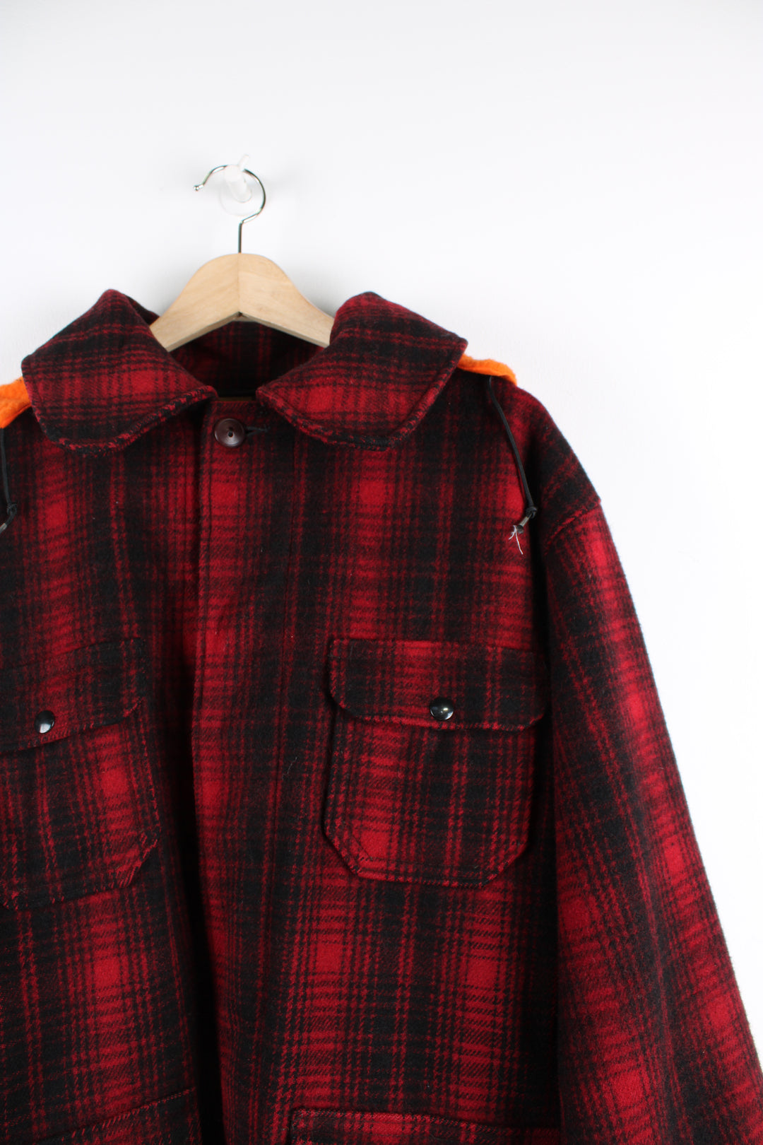 Vintage 90's Woolrich red & black plaid wool button up CPO jacket with multiple pockets and orange detachable hood.