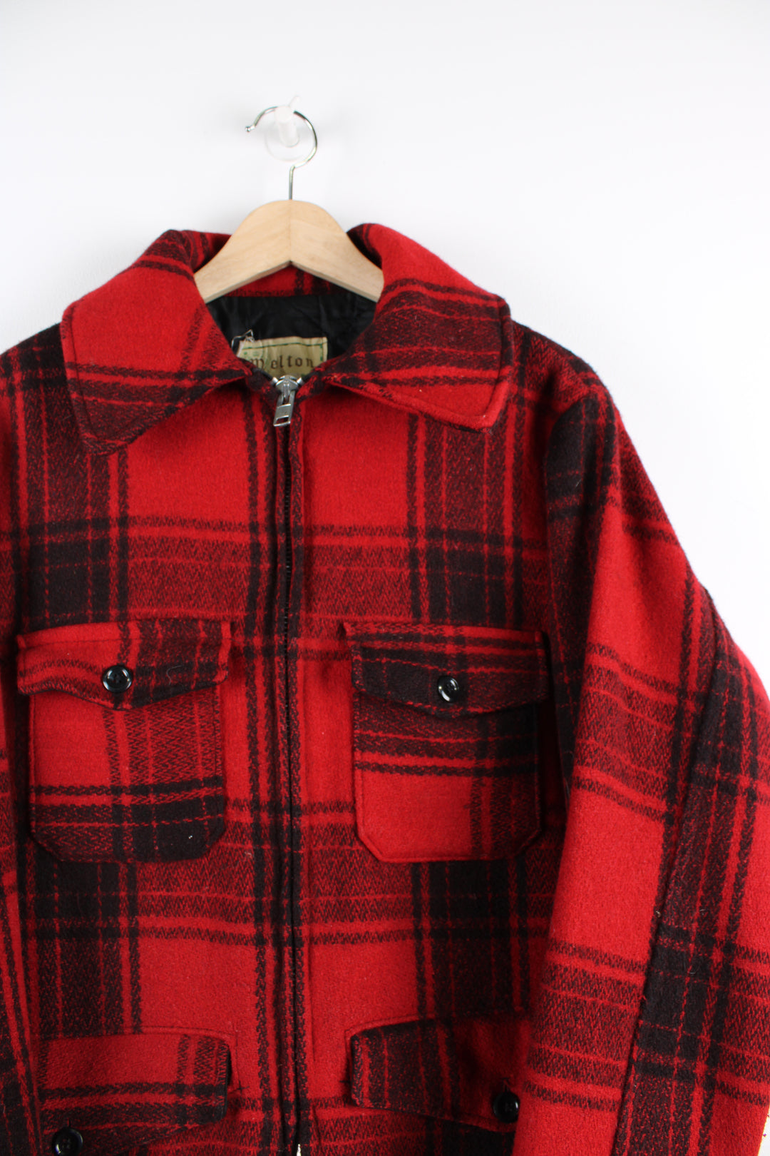 Vintage 80's Melton red & black plaid wool zip up CPO jacket with multiple pockets and a quilted lining.