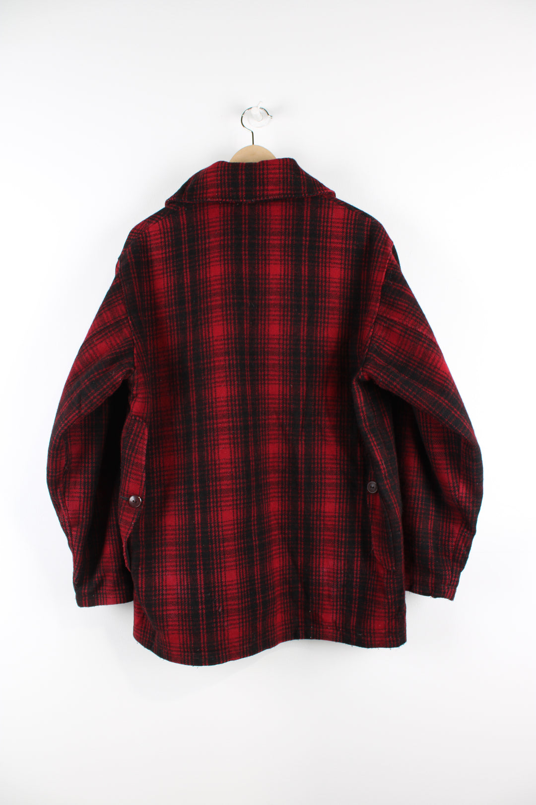 Vintage 80's Woolrich red & black plaid wool button up CPO jacket with multiple pockets.