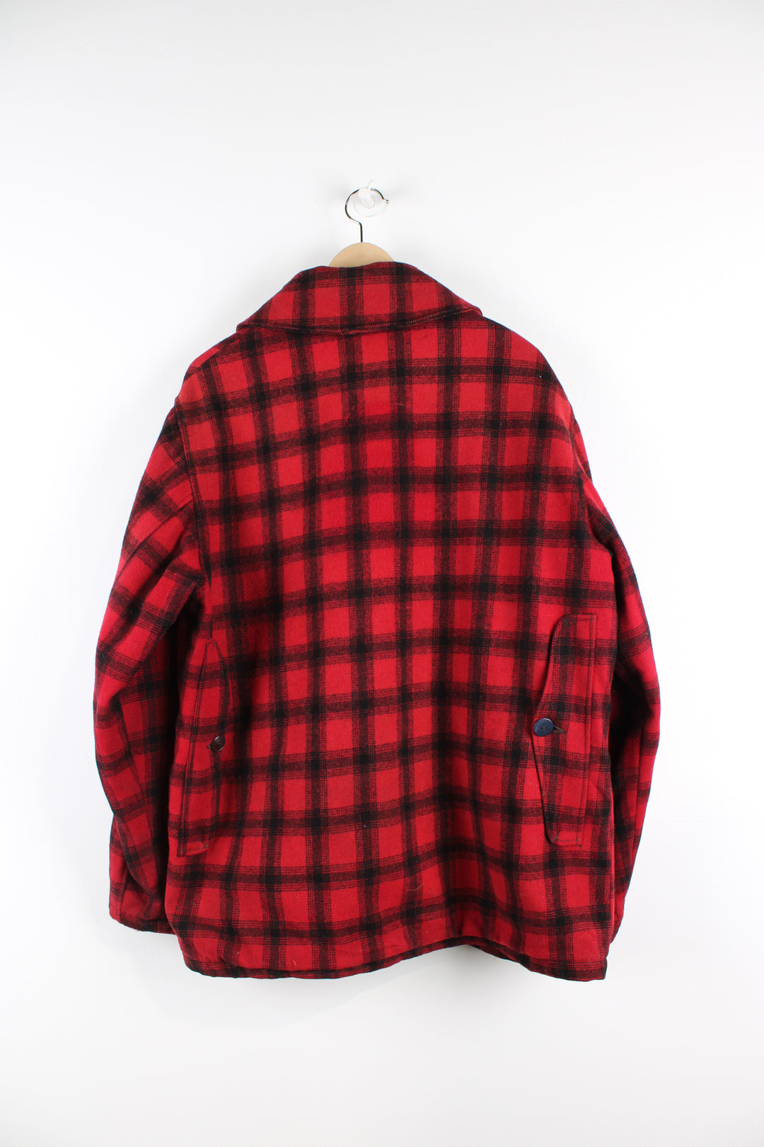 Vintage 1970's Woolrich red & black plaid wool button up CPO jacket with multiple pockets.