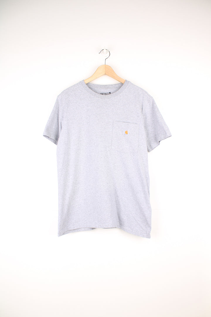 Carhartt T-Shirt in a grey colourway, has a chest pocket with the logo embroidered on it.