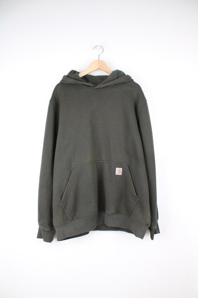Carhartt Hoodie in a green colourway, plain with pouch pocket and logo embroidered on.
