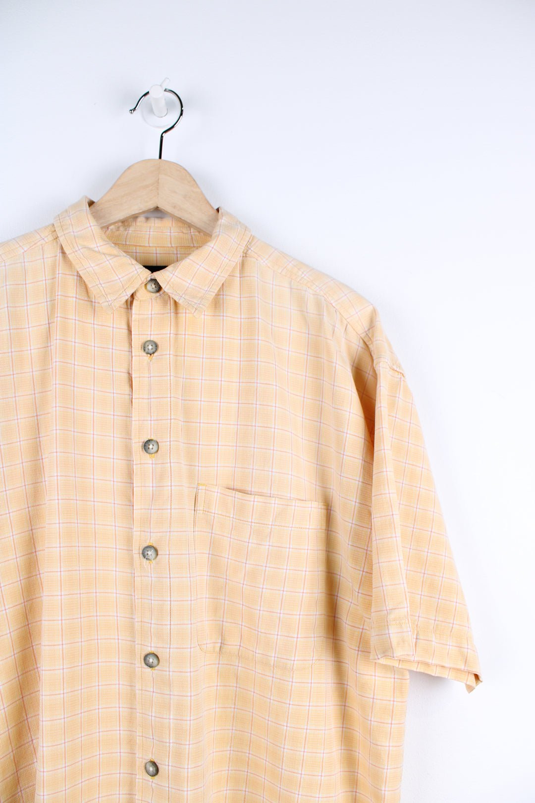 Vintage Billabong short sleeved shirt, yellow, orange and white colourway, button up with chest pocket. 