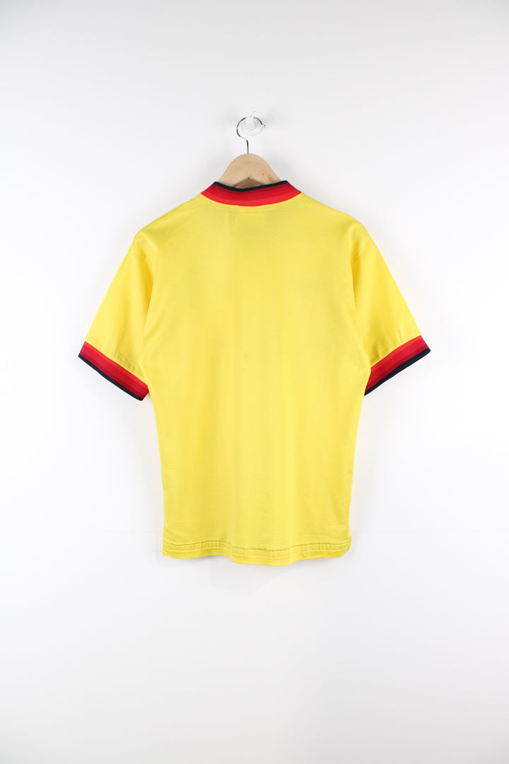 Vintage Liverpool 1997/99 Reebok away football shirt, yellow colourway with embroidered logos on the front