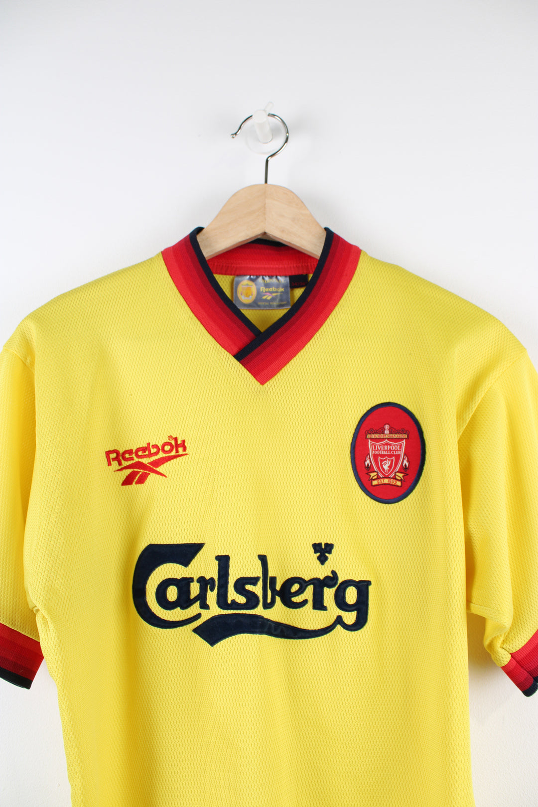 Vintage Liverpool 1997/99 Reebok away football shirt, yellow colourway with embroidered logos on the front