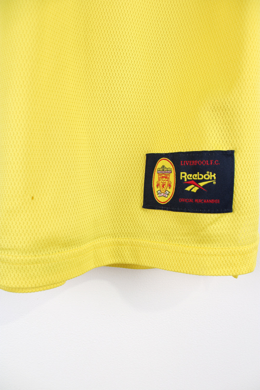 Vintage Liverpool 1997/99 Reebok away football shirt, yellow colourway with embroidered logos on the front