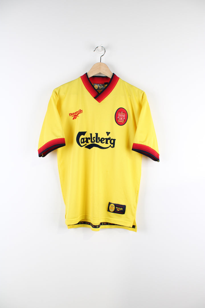 Vintage Liverpool 1997/99 Reebok away football shirt, yellow colourway with embroidered logos on the front