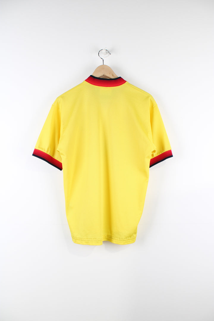 Vintage Liverpool 1997/99 Reebok away football shirt, yellow colourway with embroidered logos on the front