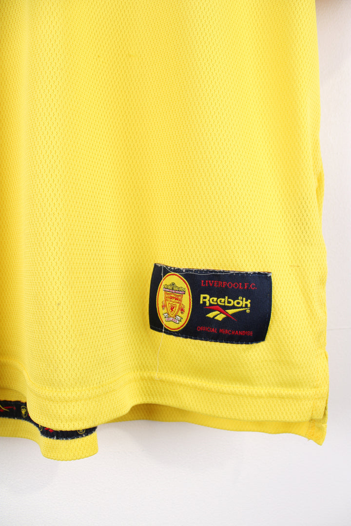 Vintage Liverpool 1997/99 Reebok away football shirt, yellow colourway with embroidered logos on the front