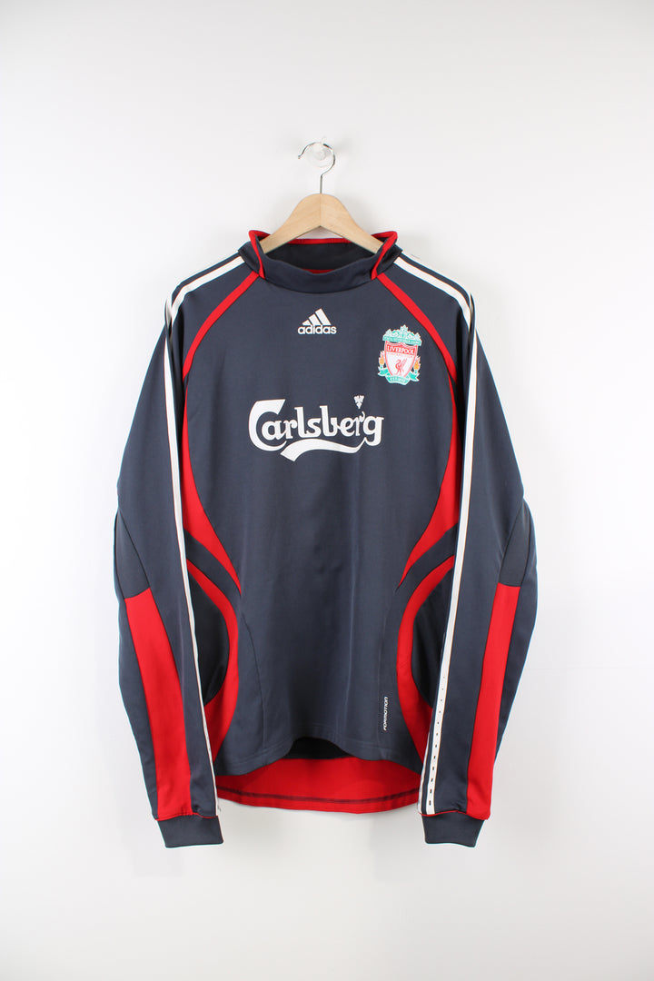 Liverpool 2006/07 Adidas training top, grey, red and white colourway, long sleeves and printed logos on the front.