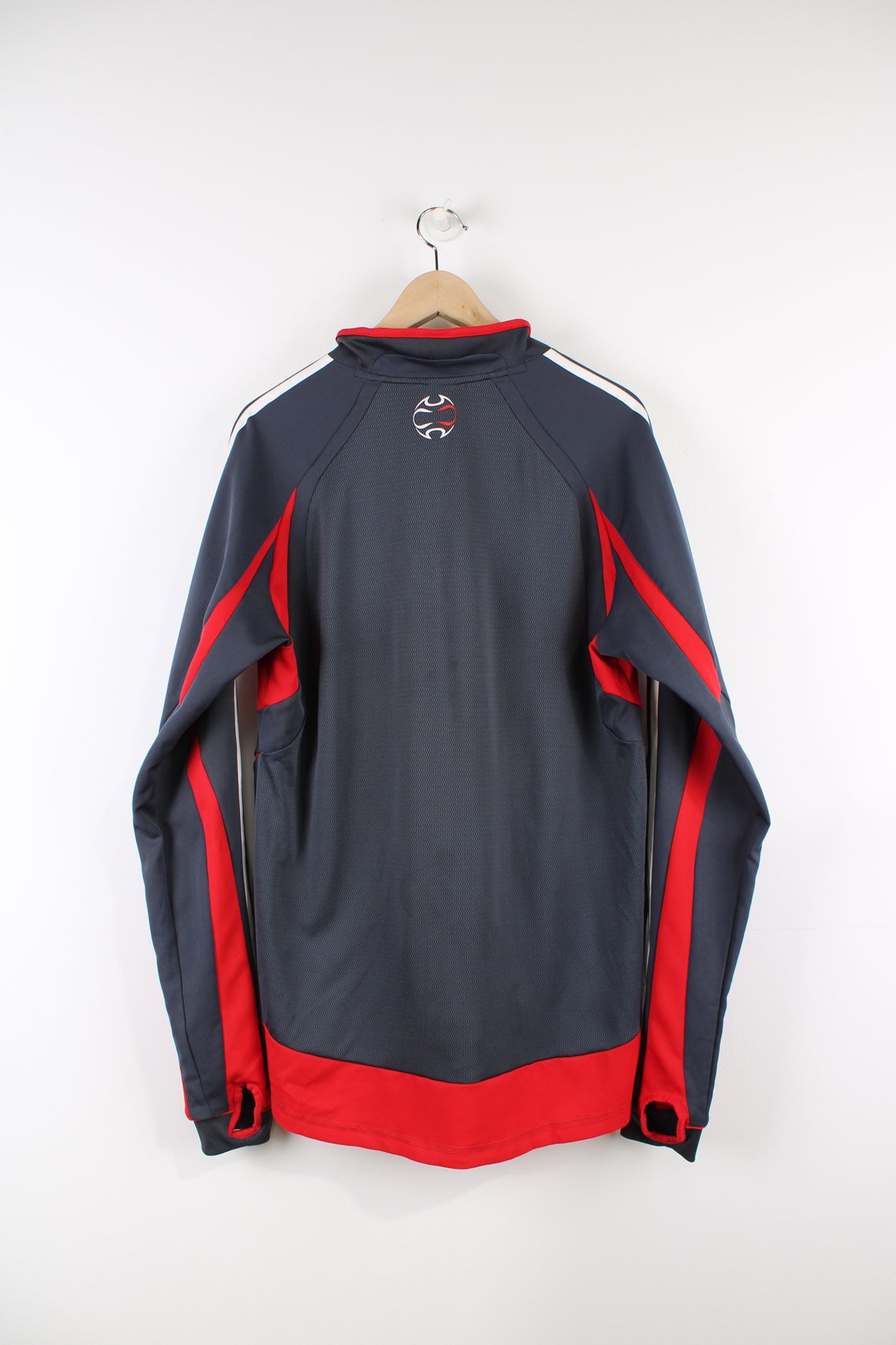 Liverpool 2006/07 Adidas training top, grey, red and white colourway, long sleeves and printed logos on the front.