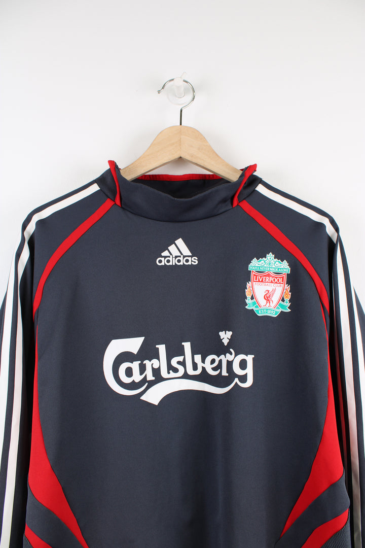 Liverpool 2006/07 Adidas training top, grey, red and white colourway, long sleeves and printed logos on the front.