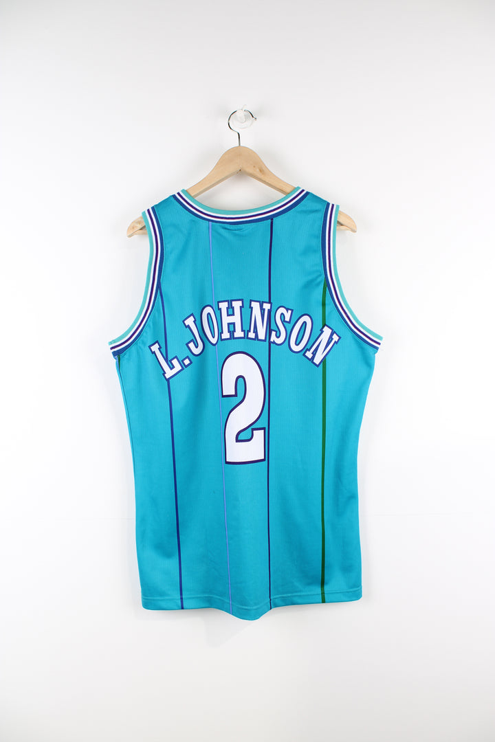 Vintage 90's Charlotte Hornets Champion jersey, Larry Johnson #2 kit, blue, purple and white colourway, and embroidered logos. 